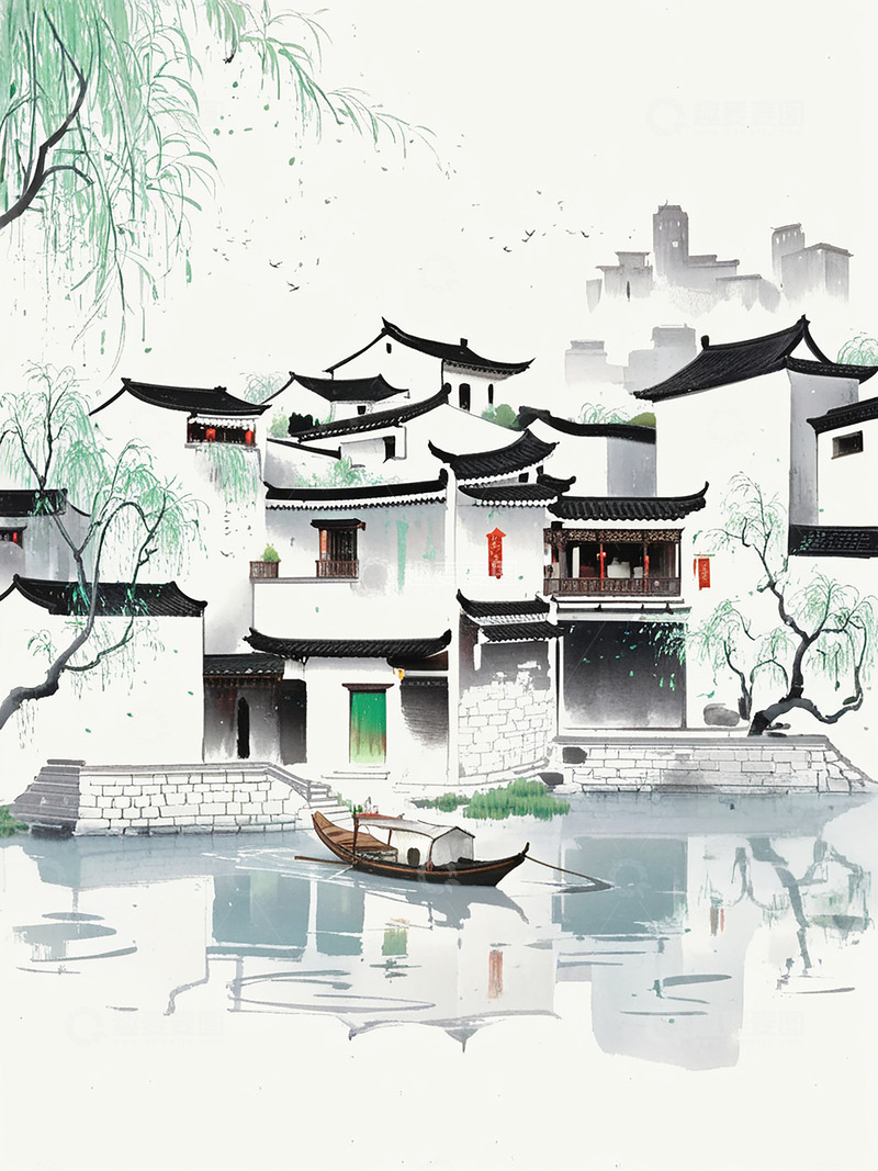 高清大图下载【趣麦麦图】中国风江南小镇水墨背景