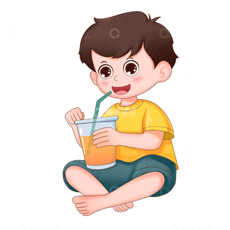 卡通手绘男孩夏天开心拿着橙汁
