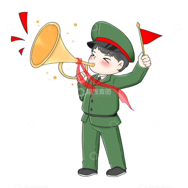 源文件下载【趣麦麦图】建党节军人吹喇叭举红旗元素
