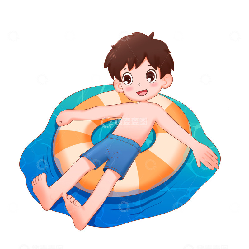 源文件下载【趣麦麦图】卡通手绘夏天在游泳圈上玩水的男孩