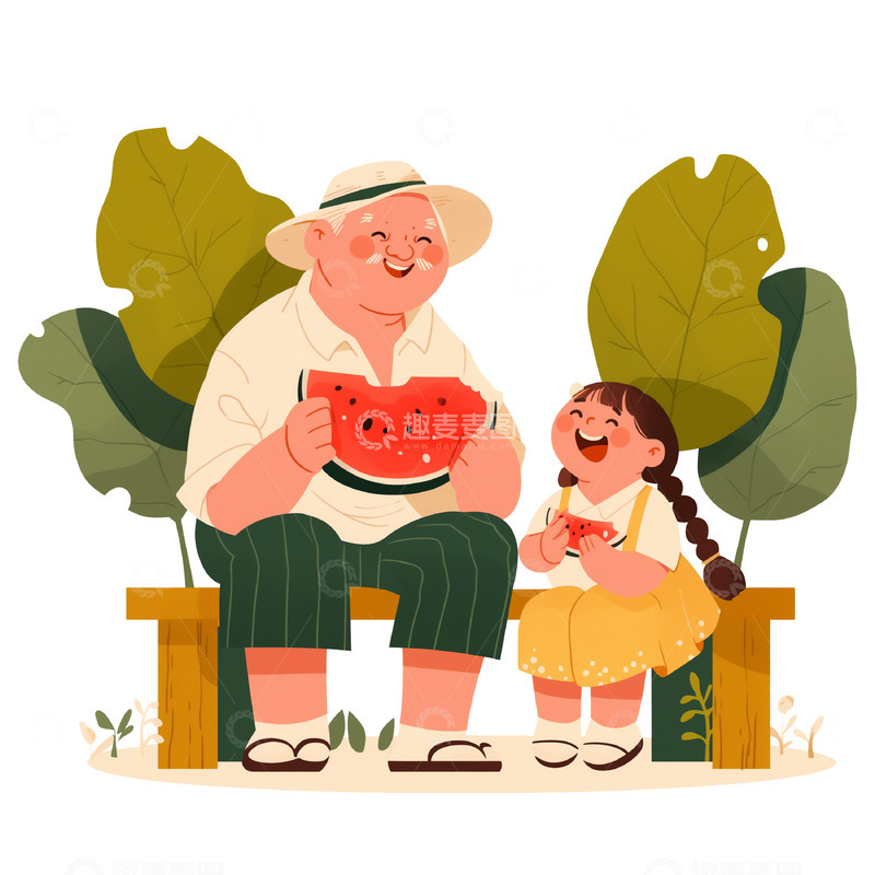 高清大图下载【趣麦麦图】-和爷爷一起乘凉场景卡通素材