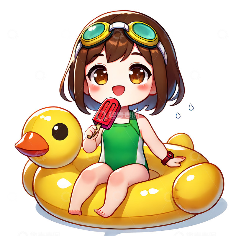 高清大图下载【趣麦麦图】坐在鸭子船上吃冰棍的卡通人物素材