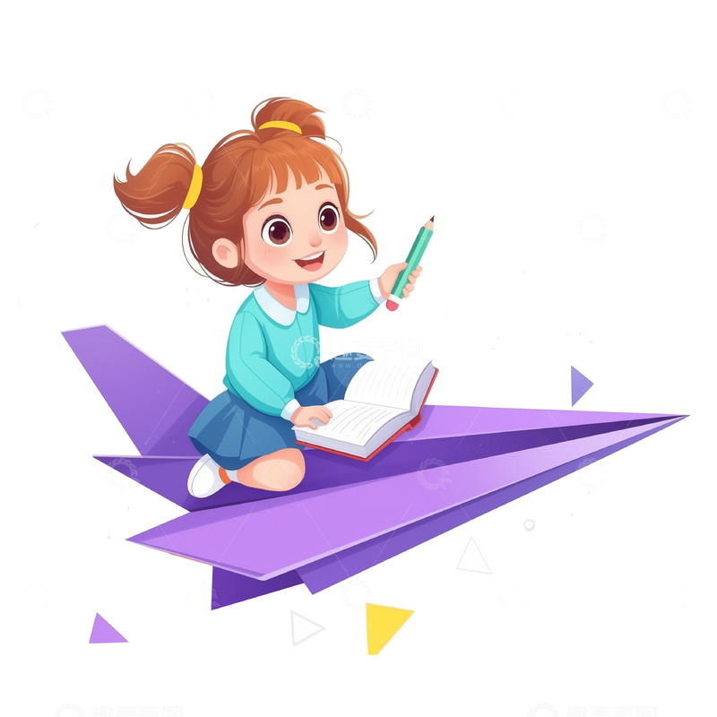 高清大图下载【趣麦麦图】坐在纸飞机上看书的卡通女孩素材
