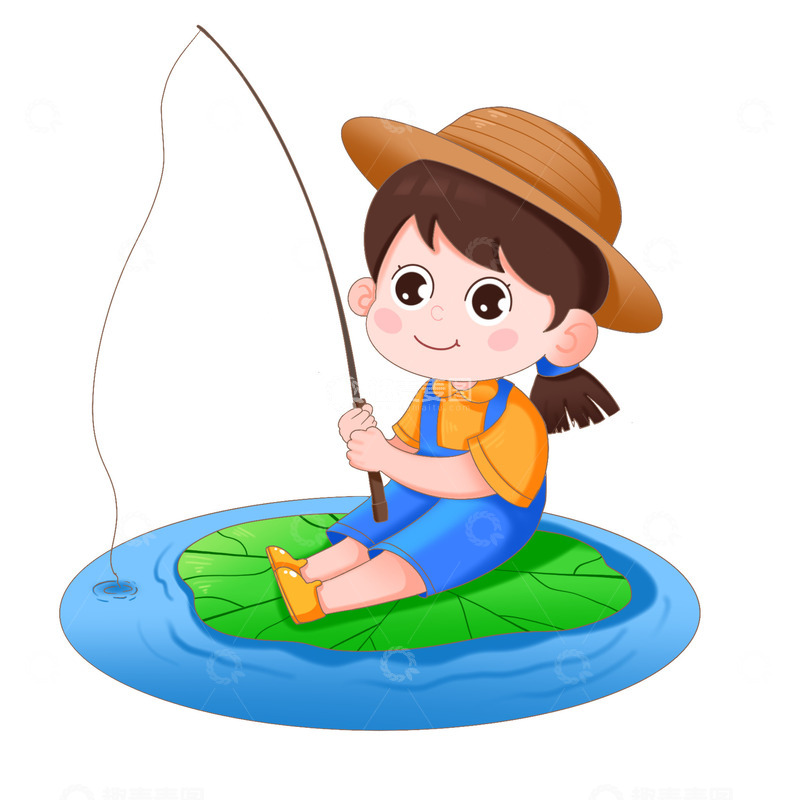源文件下载【趣麦麦图】夏天可爱小女孩池塘钓鱼免抠元素