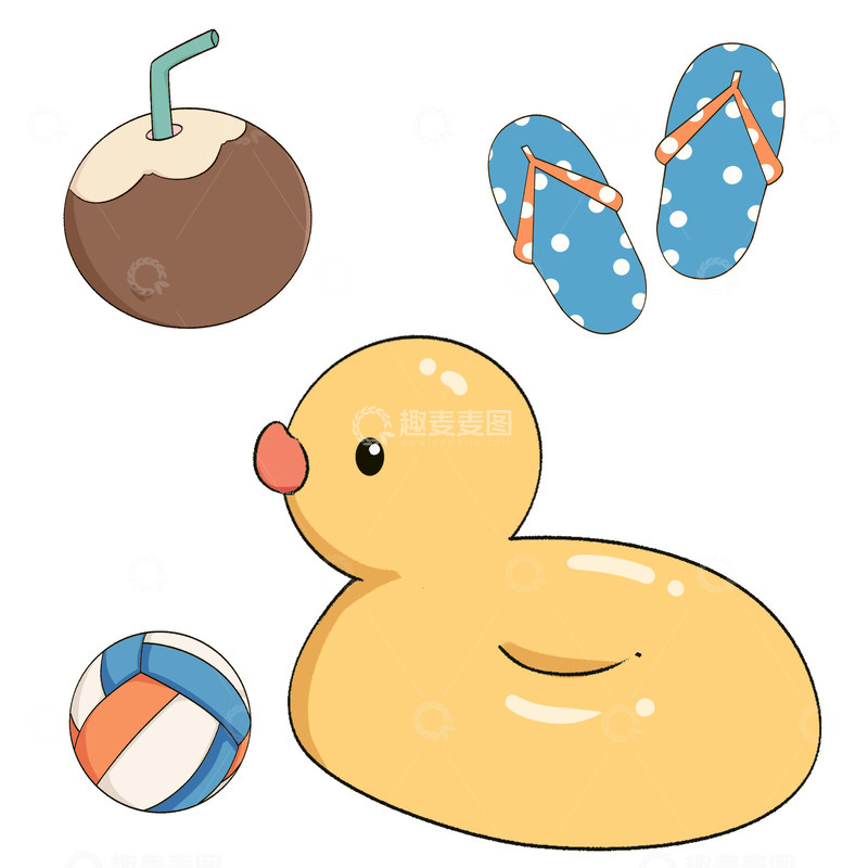 源文件下载【趣麦麦图】复古夏日椰汁拖鞋皮球贴纸