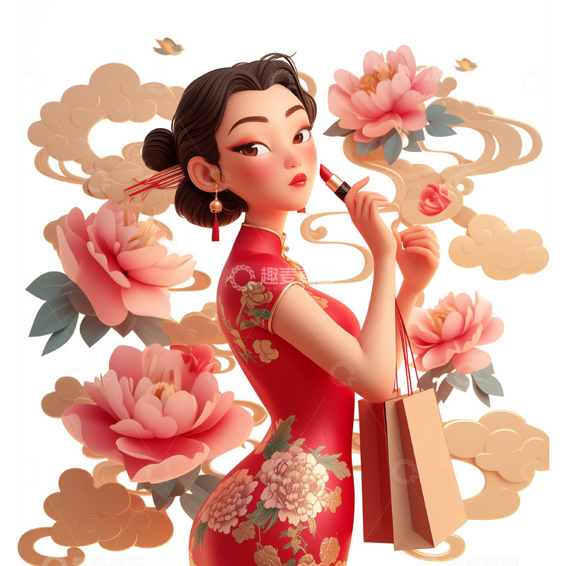 高清大图下载【趣麦麦图】国潮旗袍女人购物卡通3D人物素材