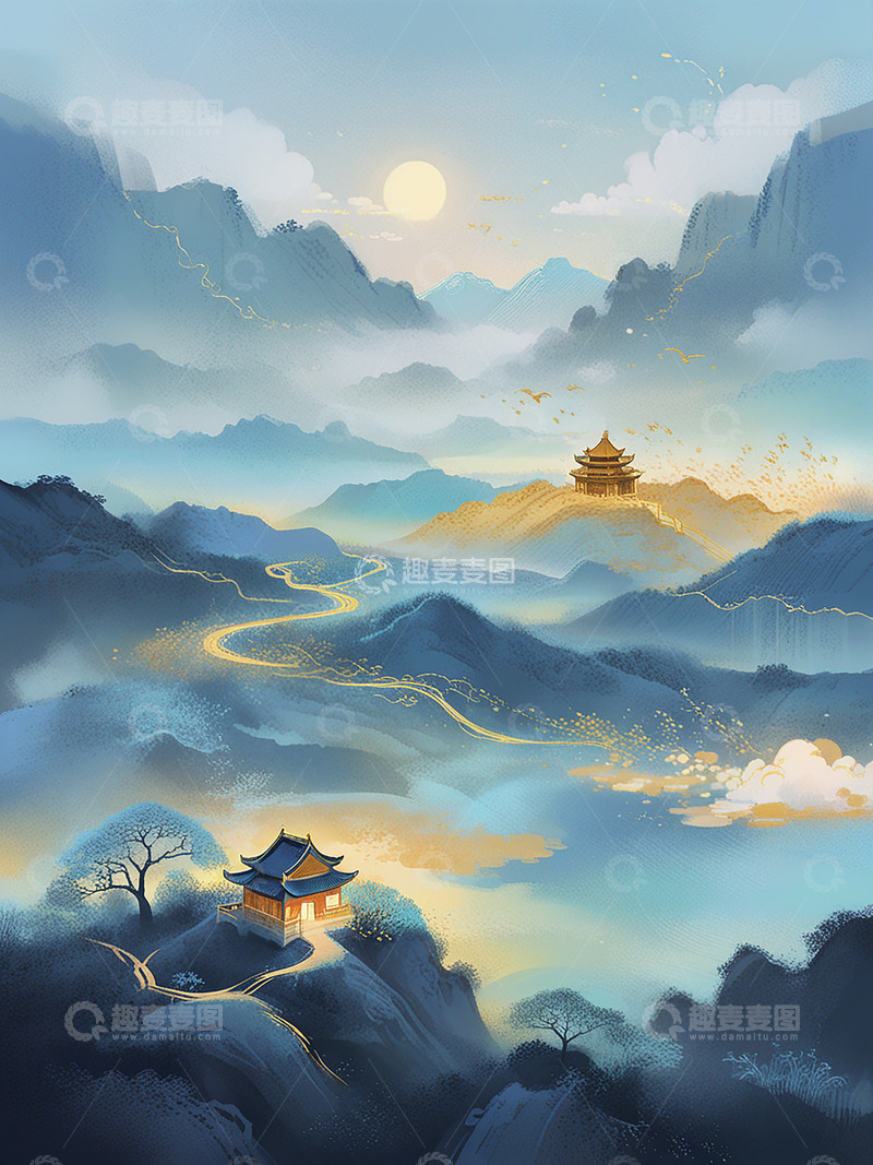 高清大图下载【趣麦麦图】-国潮古风山水楼阁插画背景图