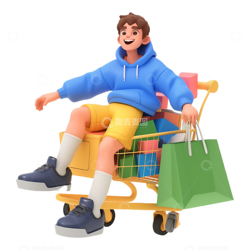 高清大图下载【趣麦麦图】正在购物的男孩卡通3D人物素材