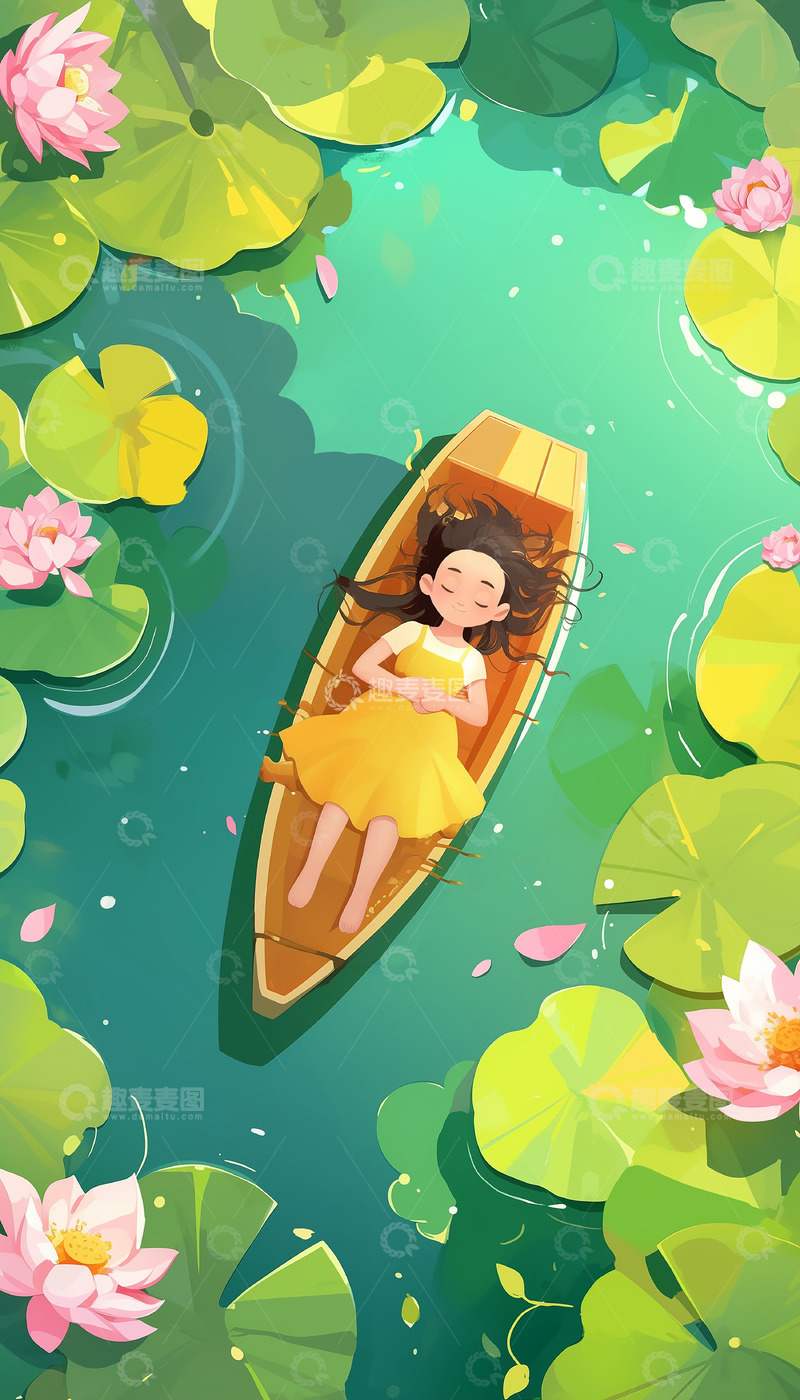 高清大图下载【趣麦麦图】夏至荷塘意境插画背景