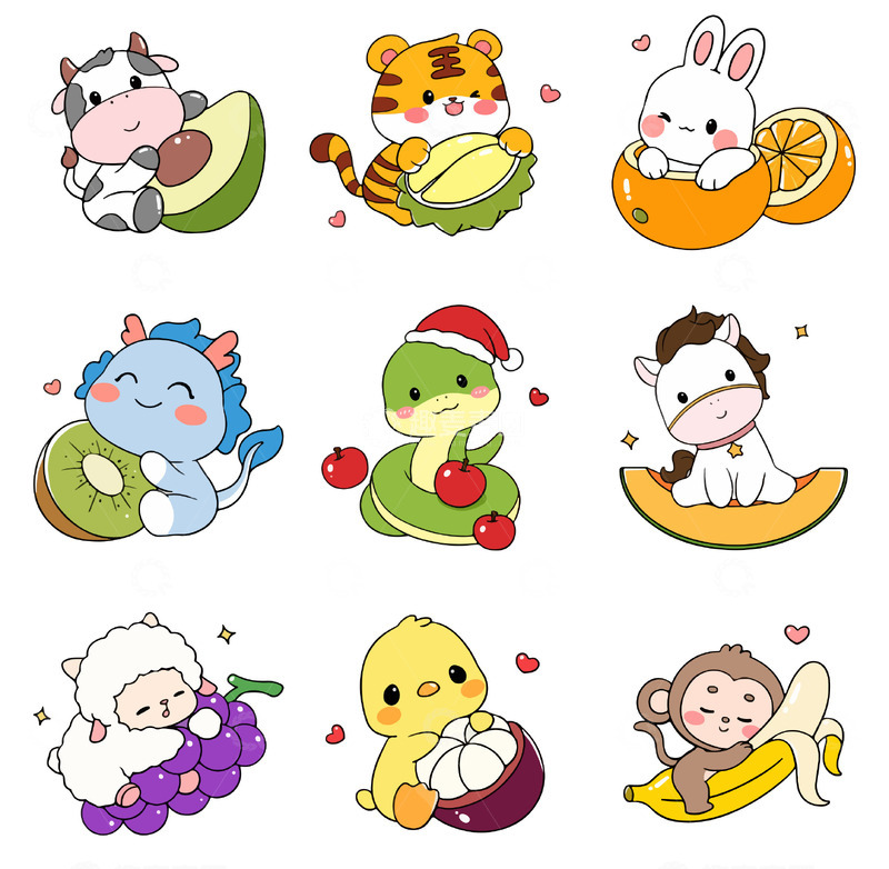 源文件下载【趣麦麦图】可爱卡通水果萌宠生肖版素材图案