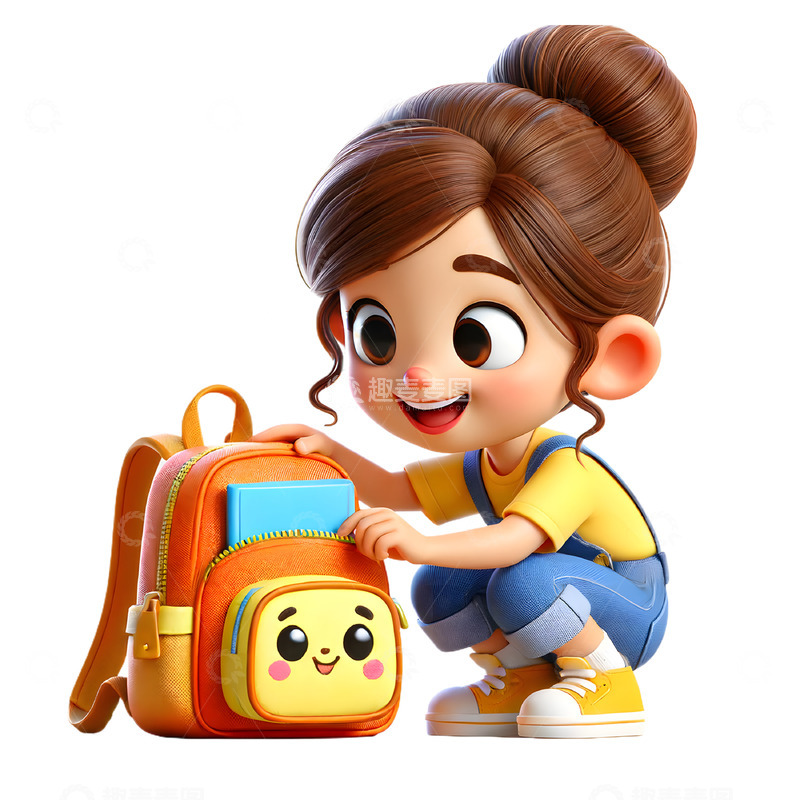 高清大图下载【趣麦麦图】收拾书包的小女孩3D卡通人物素材