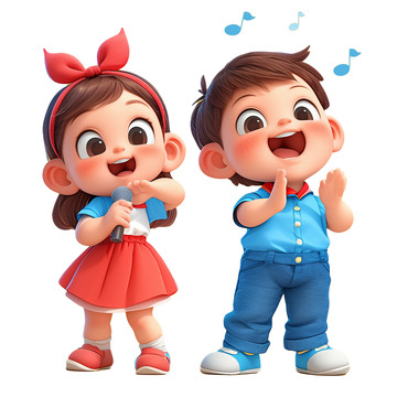 音乐唱歌卡通人物男孩和女孩