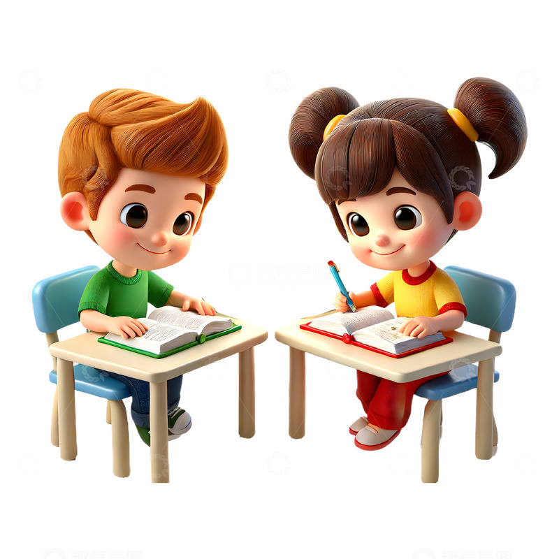 高清大图下载【趣麦麦图】一起学习的卡通3D人物素材
