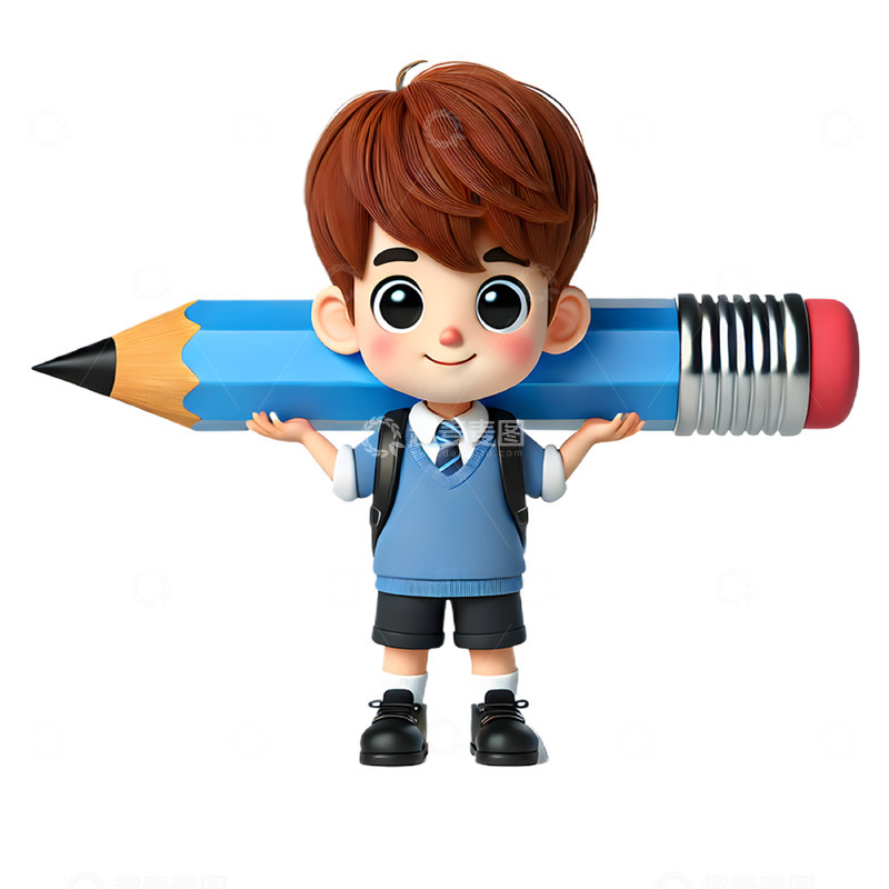 高清大图下载【趣麦麦图】扛着一个巨大铅笔的卡通3D人物开学季