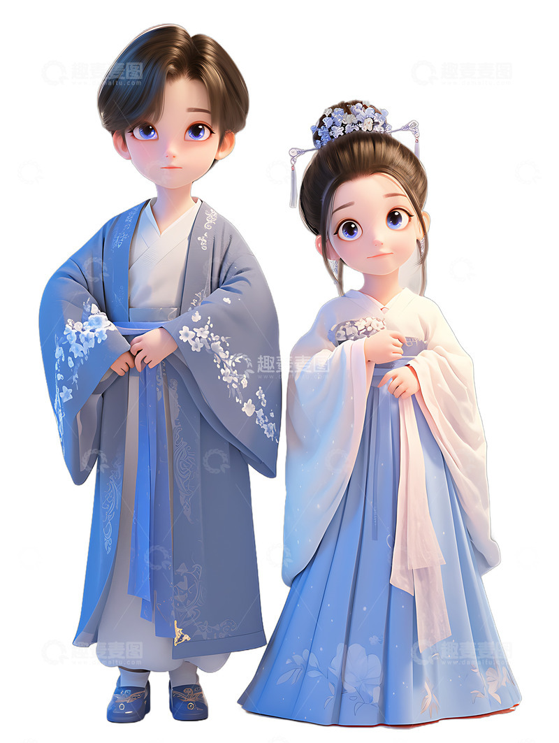 高清大图下载【趣麦麦图】汉服情侣卡通七夕牛郎织女