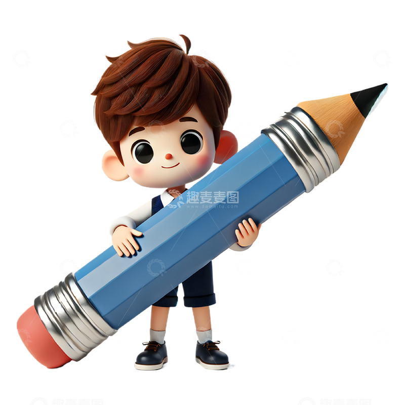 高清大图下载【趣麦麦图】开学季斜抱着一个巨大铅笔的卡通3D人物