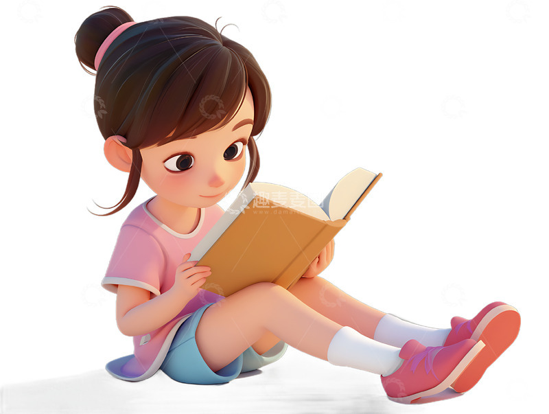 高清大图下载【趣麦麦图】小女孩看书阅读开心3D卡通