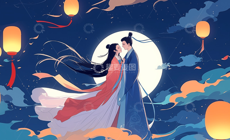 高清大图下载【趣麦麦图】牛郎织牛浪漫七夕手绘插画背景