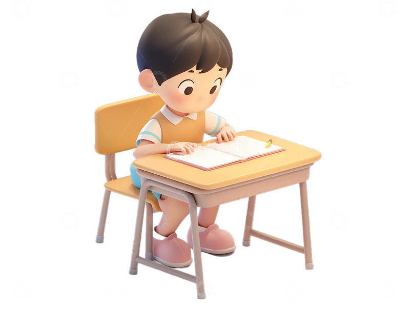 高清大图下载【趣麦麦图】小孩在书桌上阅读开心补习