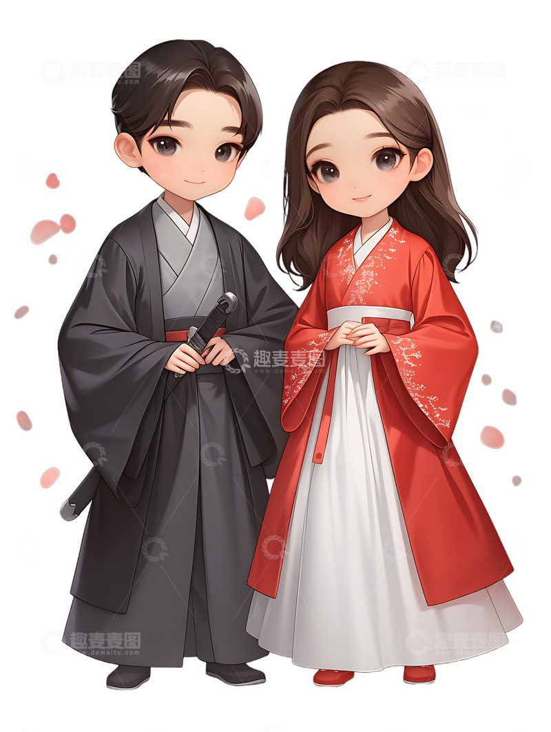 高清大图下载【趣麦麦图】汉服情侣卡通七夕牛郎织女Q版