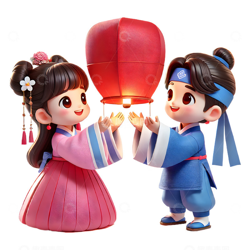 高清大图下载【趣麦麦图】七夕节放孔明灯的牛郎织女3D人物素材
