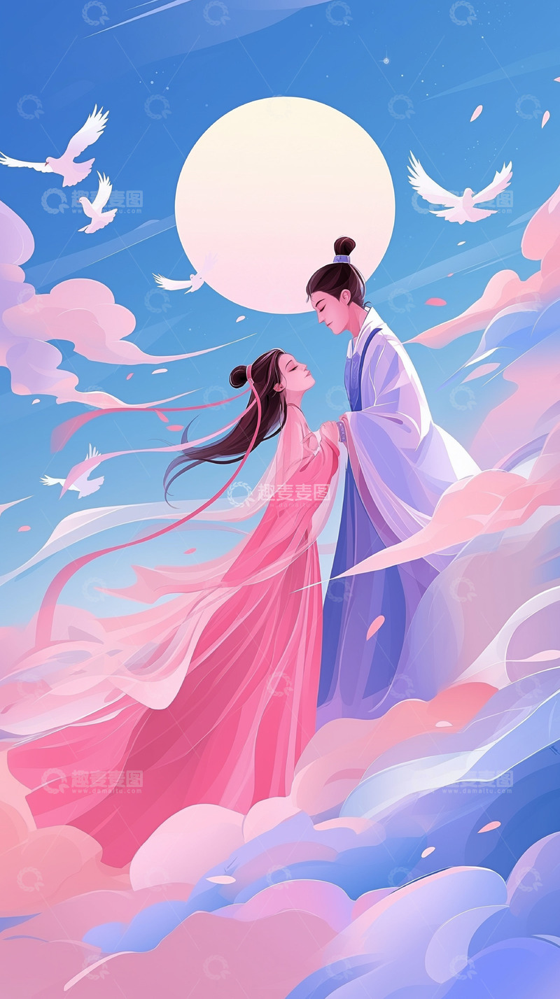 高清大图下载【趣麦麦图】鹊桥相会情人节插画背景素材