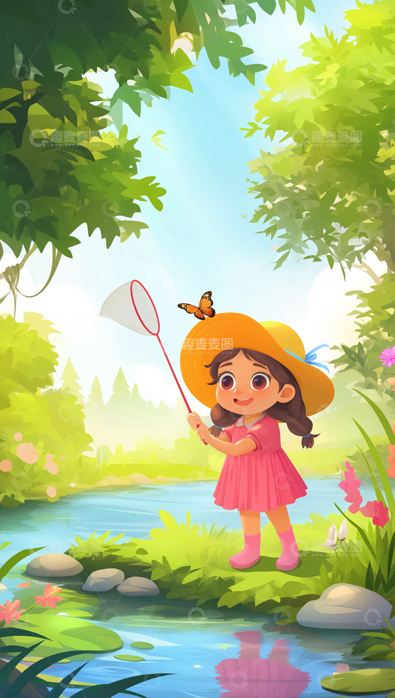 高清大图下载【趣麦麦图】夏日河边捉蝴蝶的女孩插画背景图