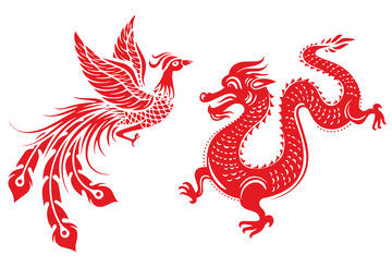 中国风红色龙纹凤纹龙凤呈祥剪纸