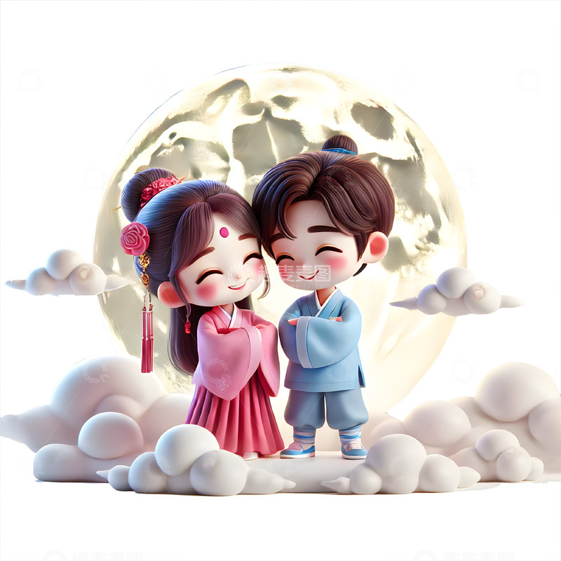 高清大图下载【趣麦麦图】大大月亮前的牛郎织女3D人物素材