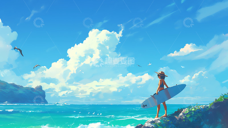 高清大图下载【趣麦麦图】暑假夏日海洋冲浪海水海边