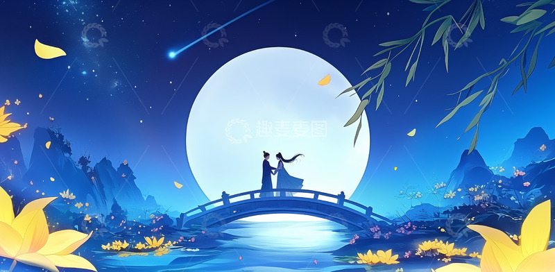 高清大图下载【趣麦麦图】七夕节鹊桥相会手绘插画背景