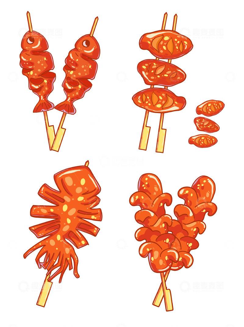 源文件下载【趣麦麦图】烧烤小吃美食油炸烤鱼鸡翅鱿鱼烤肠