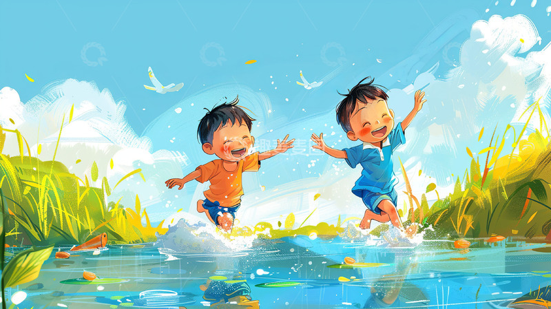 高清大图下载【趣麦麦图】夏日池塘男孩玩水卡通插画背景