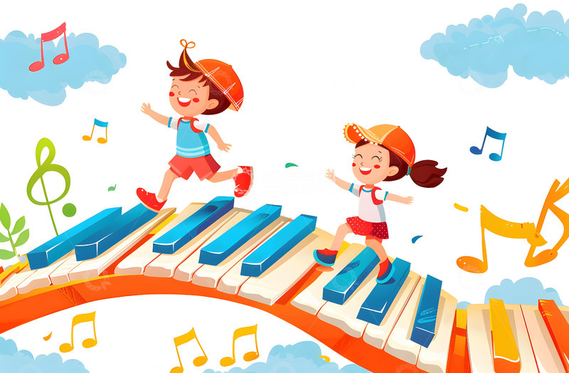 卡通小朋友形象钢琴辅导插画