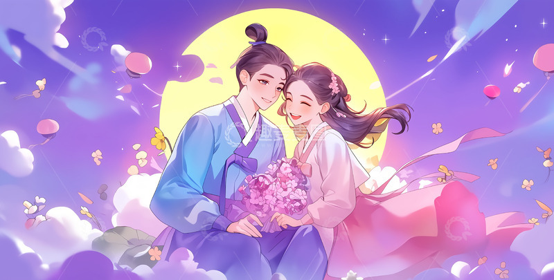 高清大图下载【趣麦麦图】七夕情人节情侣卡通插画背景