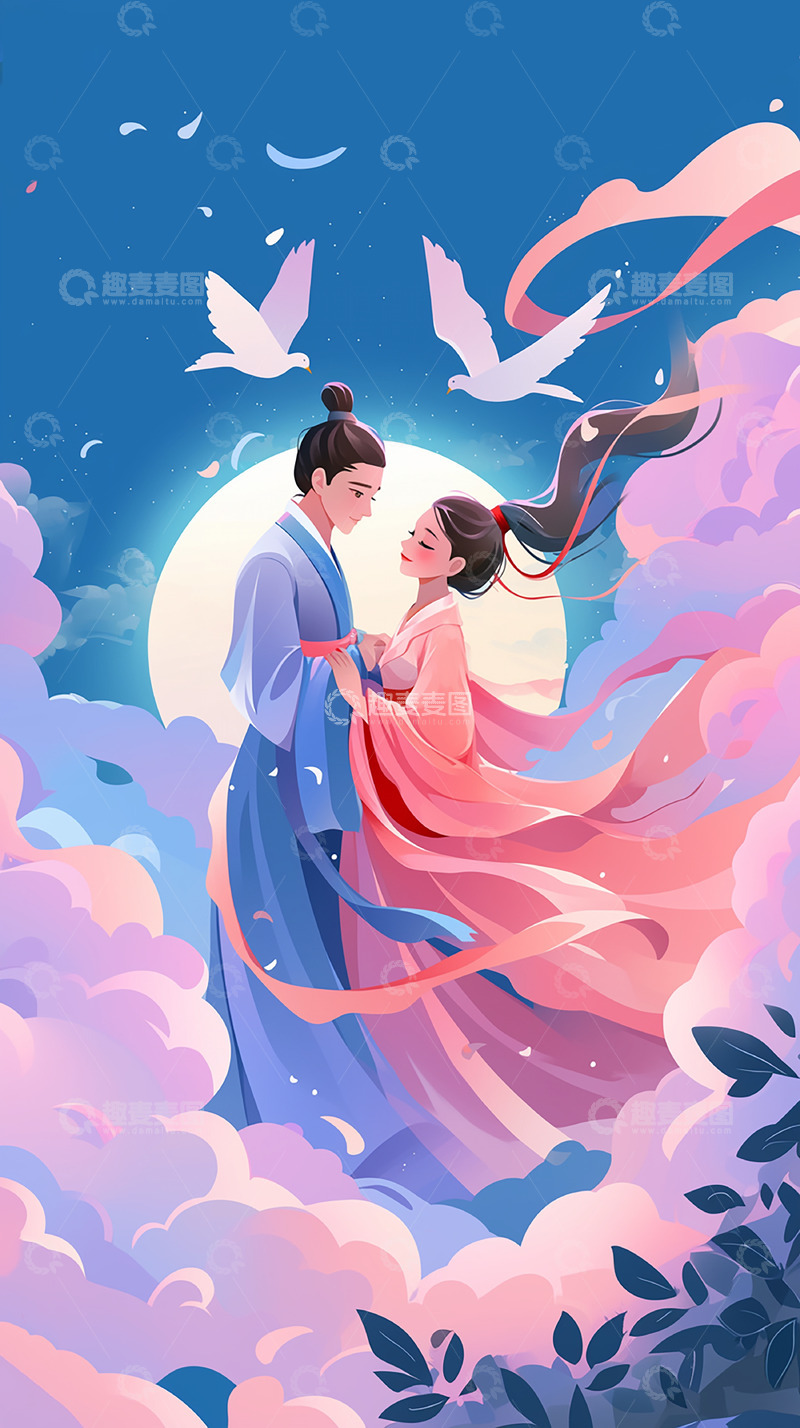 高清大图下载【趣麦麦图】情人节七夕相会插画背景图