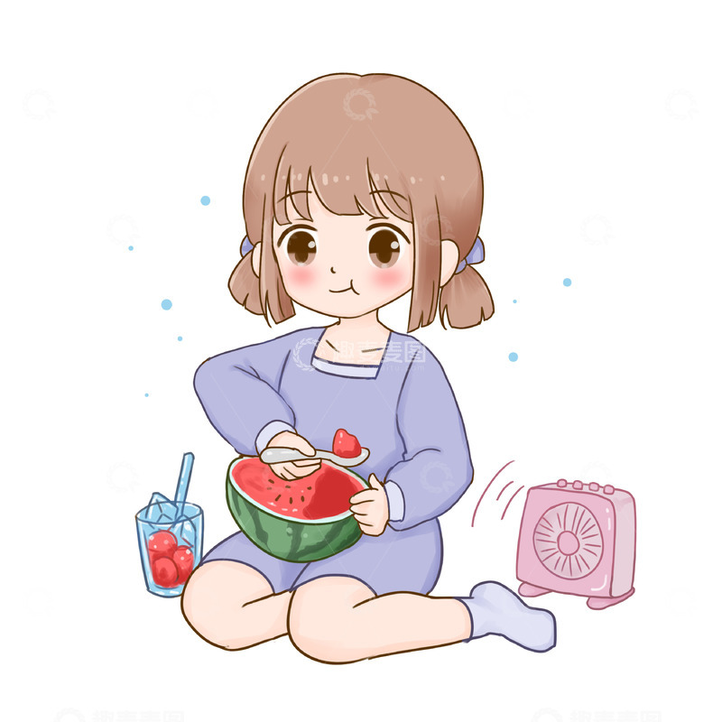 夏天元素吃西瓜吹风扇人物