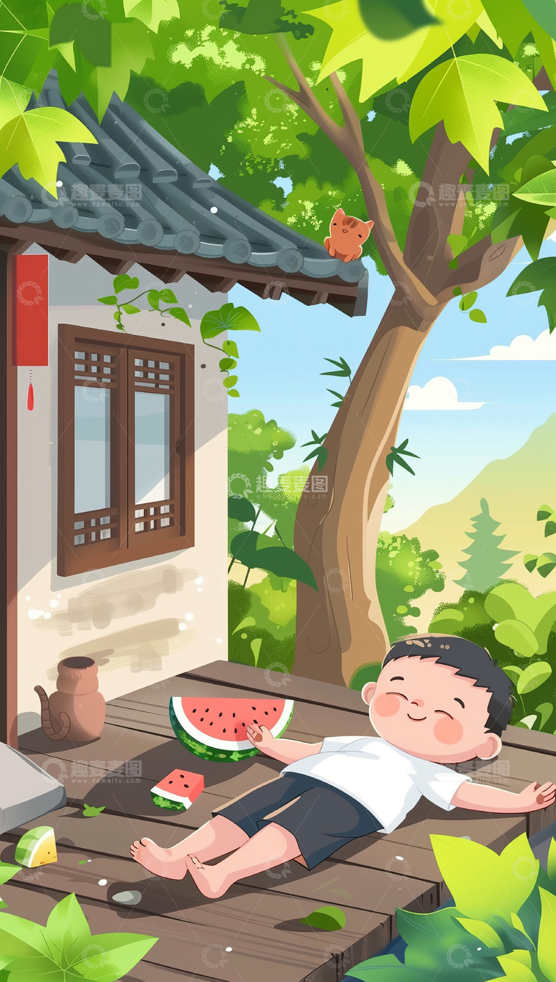 高清大图下载【趣麦麦图】夏至屋檐下乘凉的可爱男孩插画背景