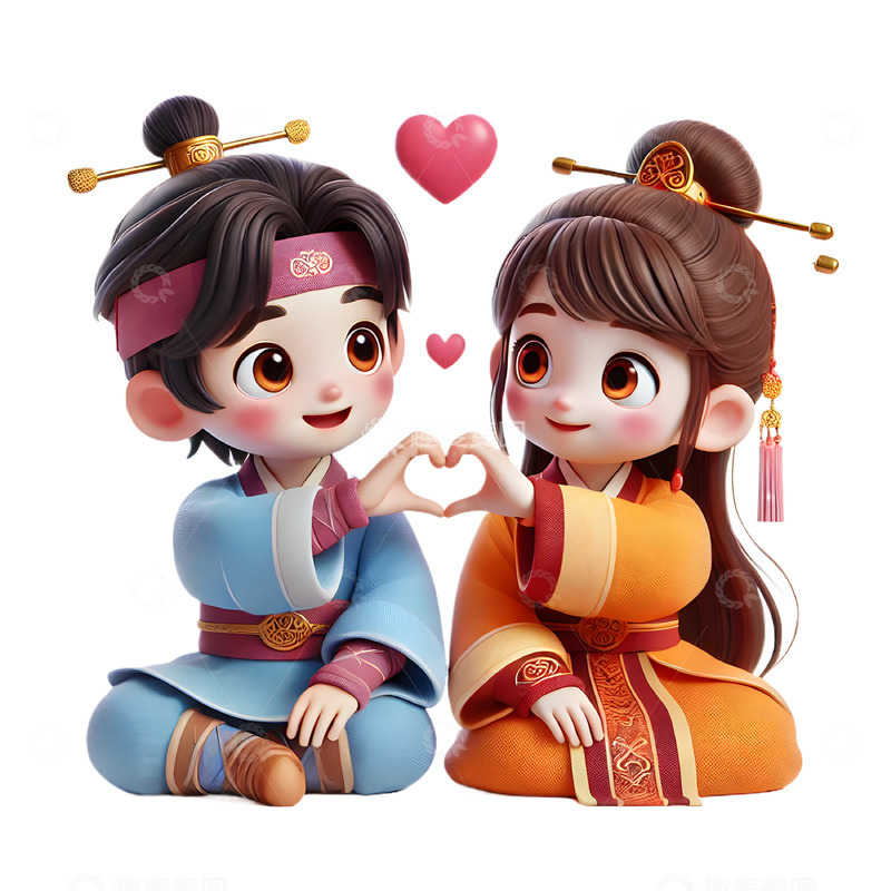 高清大图下载【趣麦麦图】牛郎织女比心动作3D人物素材