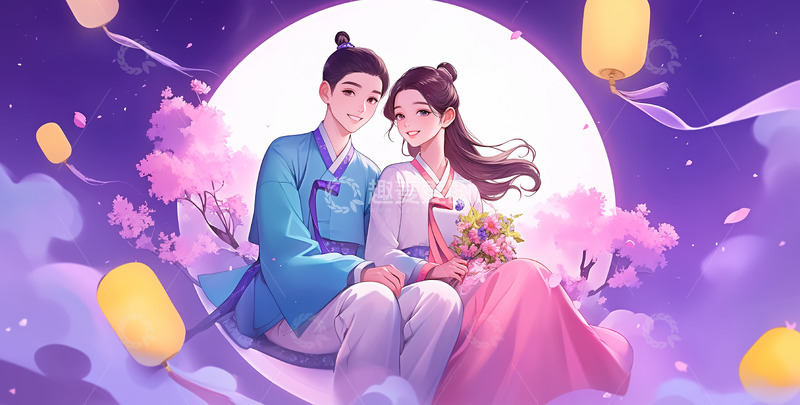 高清大图下载【趣麦麦图】七夕浪漫情侣插画背景素材