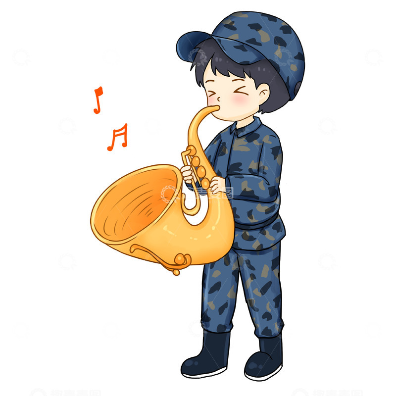 源文件下载【趣麦麦图】建党节军人穿迷彩服吹喇叭奏乐元素