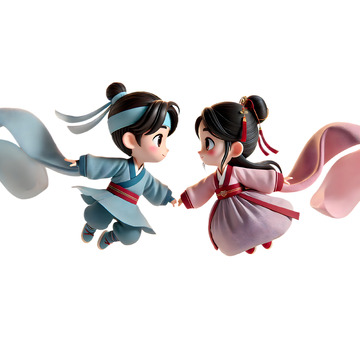 牛郎织女牵手相会卡通3D人物素材