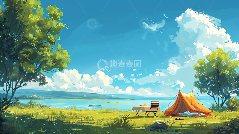 高清大图下载【趣麦麦图】夏日海边草地度假帐篷场景
