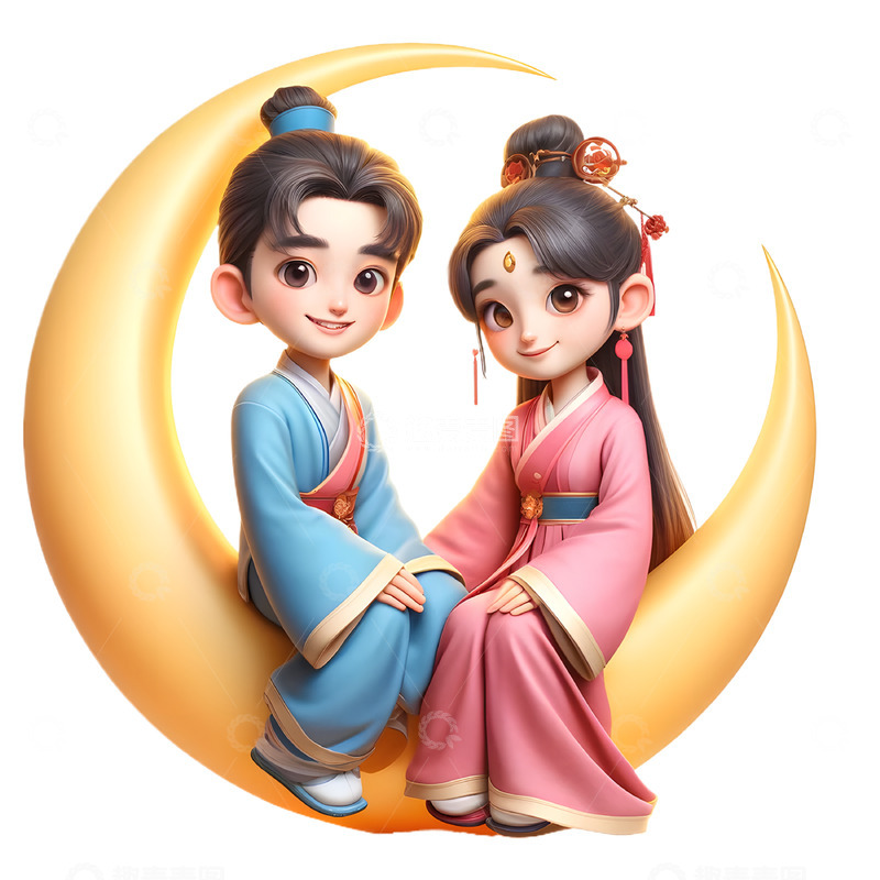 高清大图下载【趣麦麦图】坐在月亮上的牛郎和织女3D人物素材