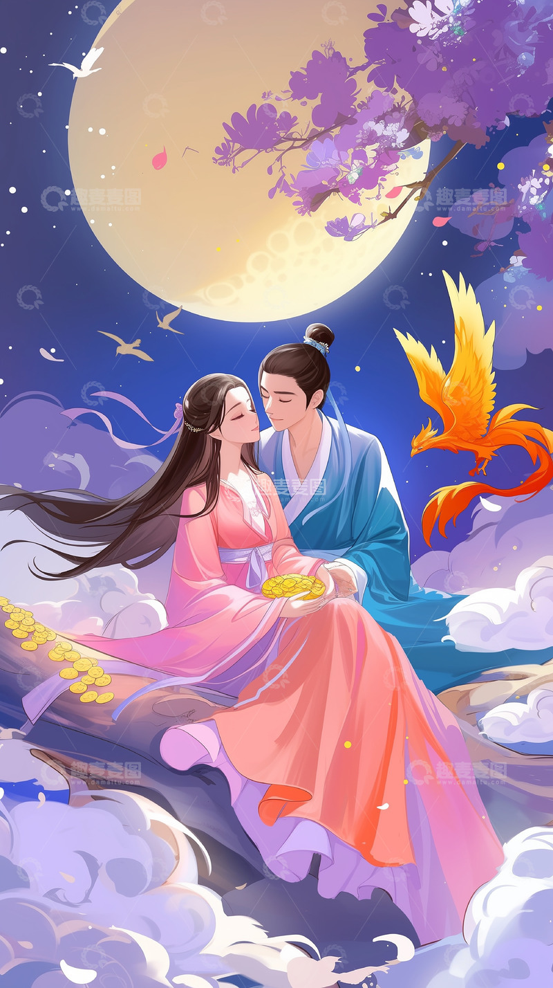 高清大图下载【趣麦麦图】七夕节古风插画背景素材