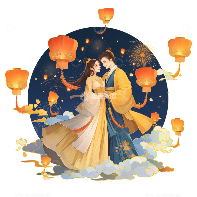 高清大图下载【趣麦麦图】孔明灯七夕卡通插画人物素材