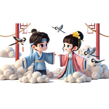 七夕浪漫情侣牛郎织女插画人物素材