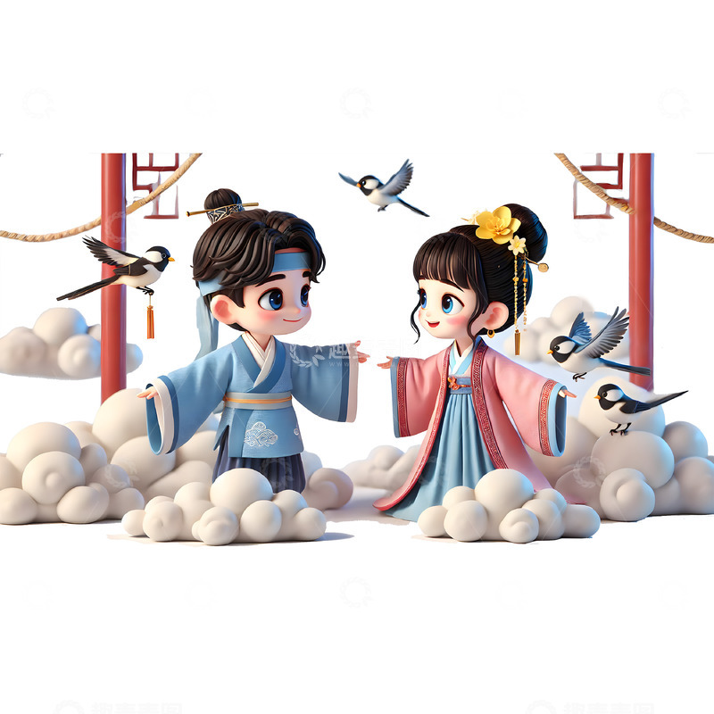 高清大图下载【趣麦麦图】七夕浪漫情侣牛郎织女插画人物素材