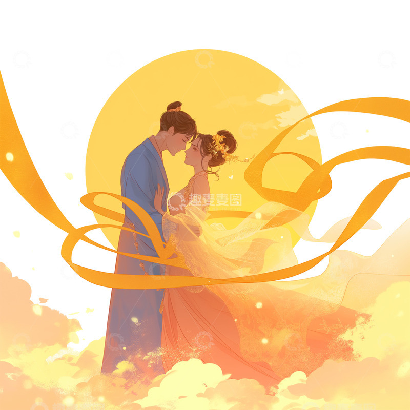 高清大图下载【趣麦麦图】牛郎织女七夕人物卡通插画素材