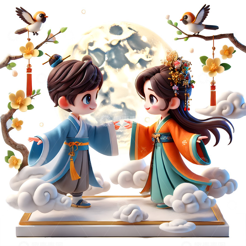高清大图下载【趣麦麦图】相会的牛郎织女3D人物素材